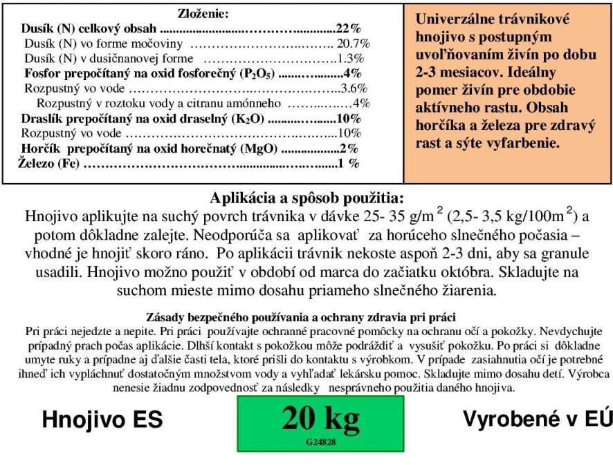 Trávnikové hnojivo Univerzal 22-4-10+2MgO+1%Fe 2-3 mesačné (20kg)