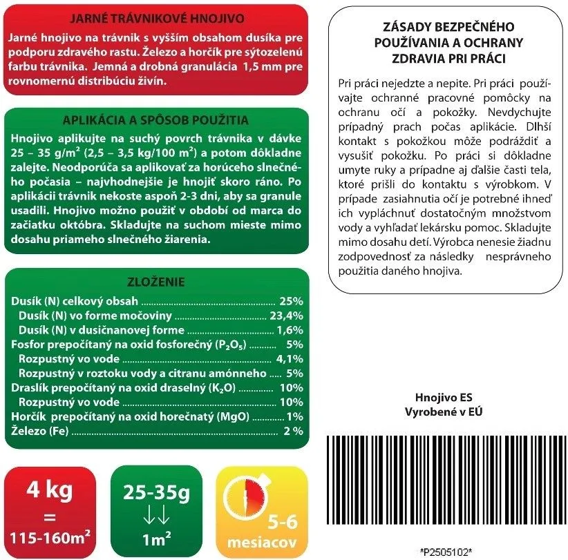 Trávnikové hnojivo JAR 25-05-10+2Fe+1MgO 5-6 mesačné (20kg)
