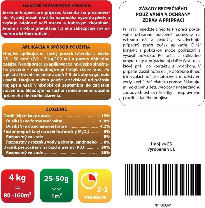 Trávnikové hnojivo JESEŇ 15-0-30, 2-3 mesačné (4kg)