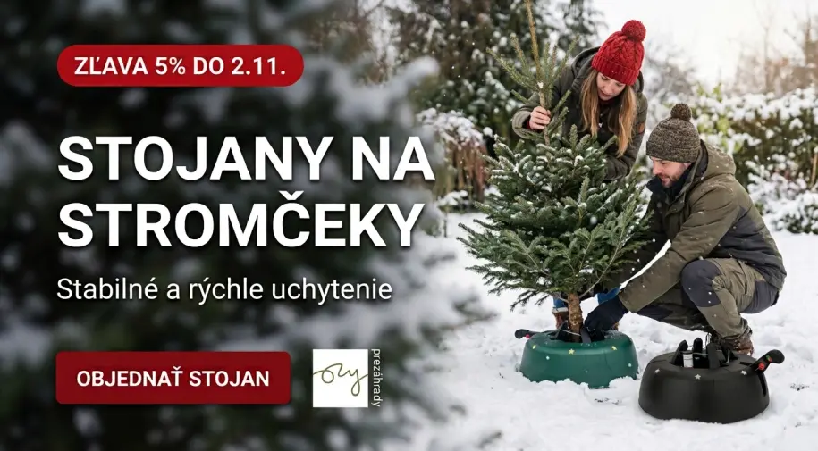 Banner upozorňujúci na zľavu na stojany na stromčeky